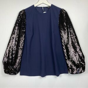 J. Crew Women's Navy Blue Black Sequin Sleeve Crepe Blouse Top Size XXS New‎
